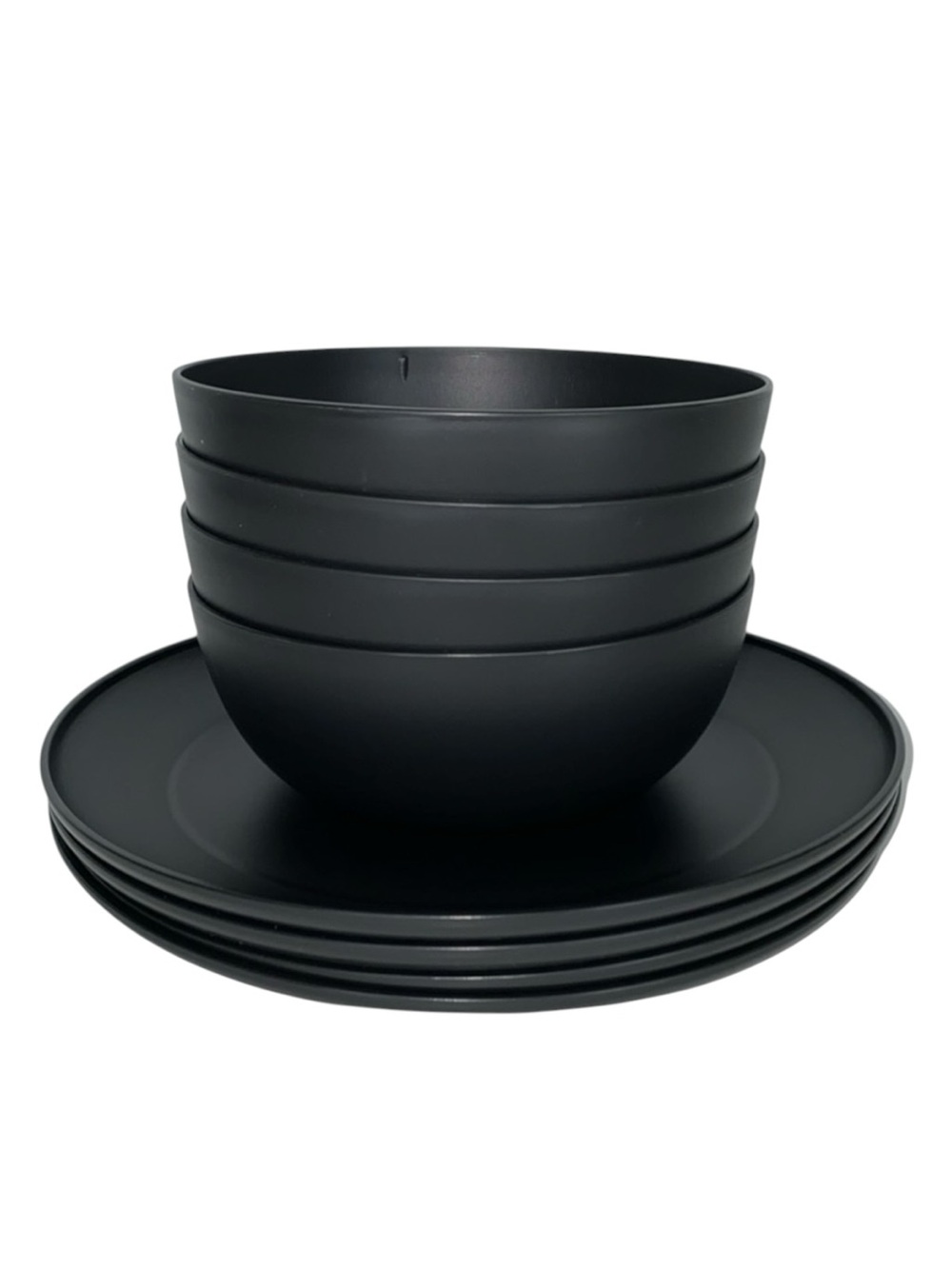 8 Piece Set Black Plastic 4 Plates and 4 Bowls